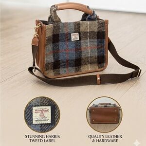 Classic Plaid Crossbody Satchel in Brown and Blue (Brand: Harris Tweed)